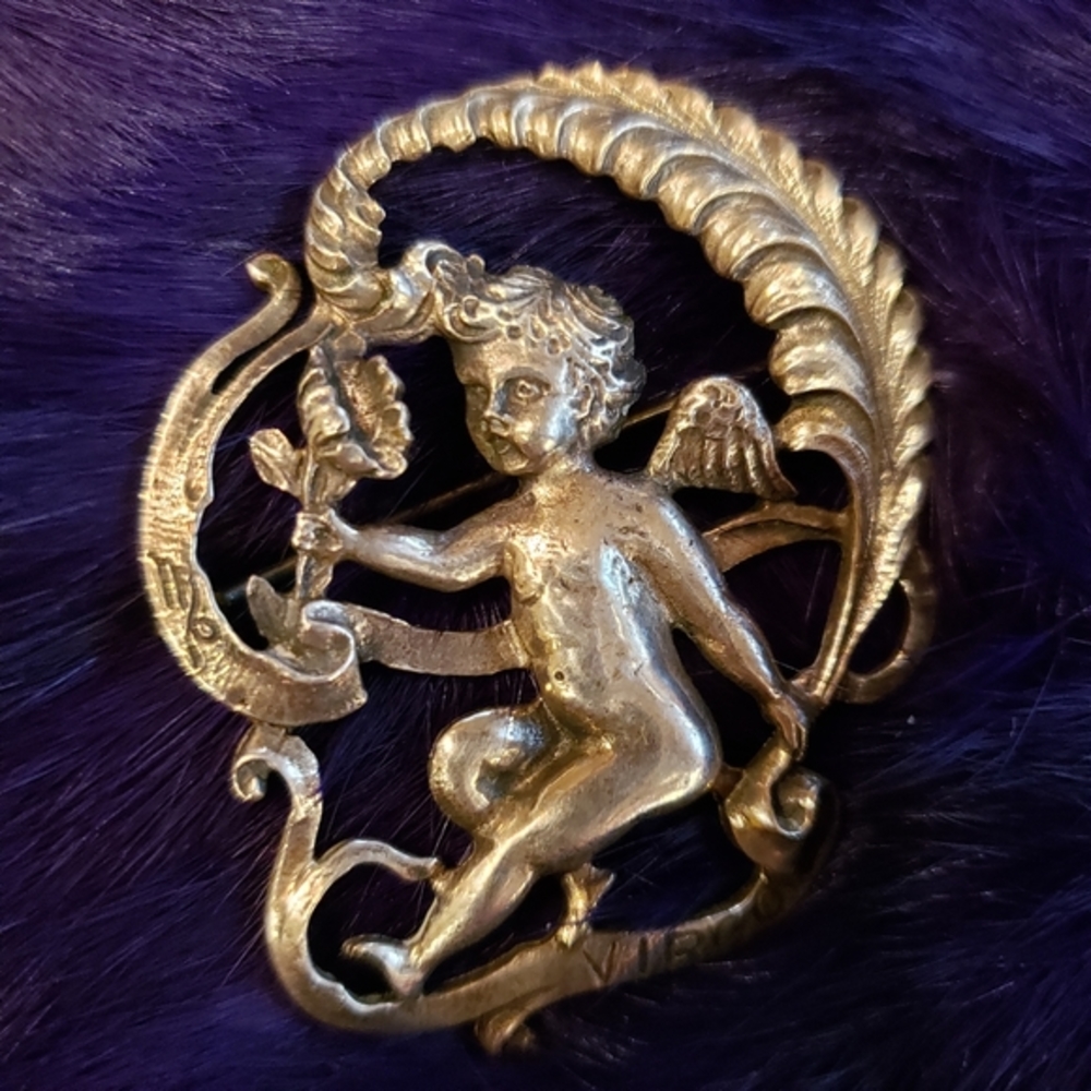 CINI  STERLING MARKED VIRGO HOROSCOPE CHERUB ANGEL BROOCH‎